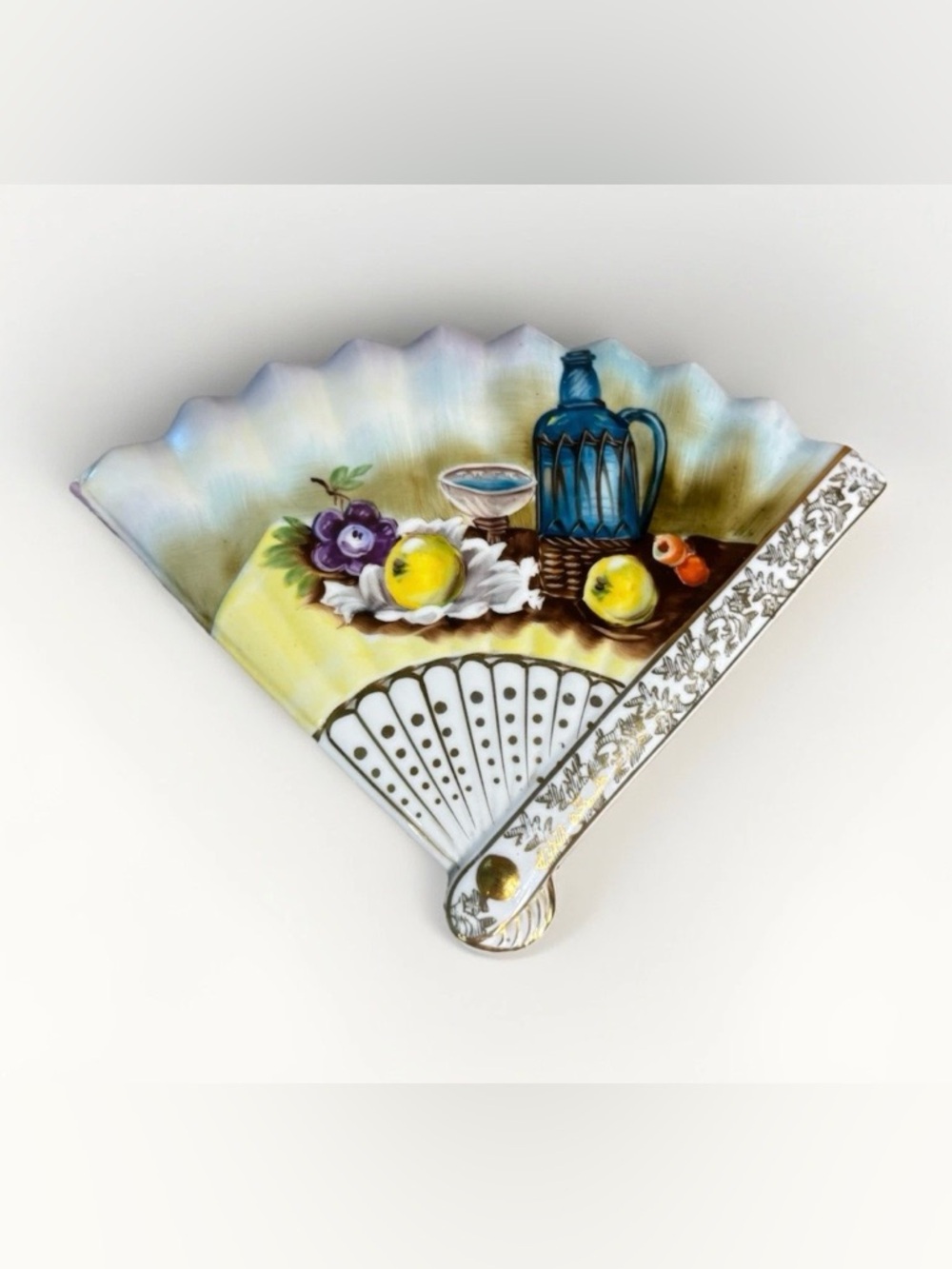 Hand Painted Porcelain Trinket Box Fan Shape Gold Trim Still Life Ardalt Japan
